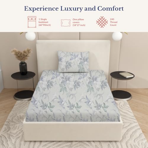 Image of Jaipur Weaves Single Bed Cotton Bedsheet with 1 Pillow Cover, 100% Pure Cotton Single Bedsheet 60x90 Inches, 240 TC Soft Breathable Floral Bed Sheet - (Green Floral, Single)