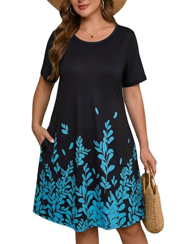 AusLook Plus Size Floral Midi Dress for Women Casual Summer Short Sleeve A Line Swing 3X Dress with Pockets Round Neck Flowy Knee Length T Shirt Vacation Beach Sundress