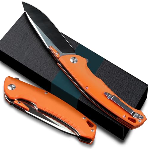 Arkey burds Pocket Folding Knife for EDC, 4.1' D2 Steel Blade Everyday Carry Folding Knife with Clip, G10 Handle for Camping, Fishing, Hiking, Outdoor Activities Home Improvement (orange)