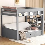 Harper & Bright Designs Full Over Full/Futon Bunk Beds with Stairs and 3 Drawers, Built-in Shelf, Bottom Bed can be Converted into Daybed, Solid Wood Bunk Bed Frame - Gray