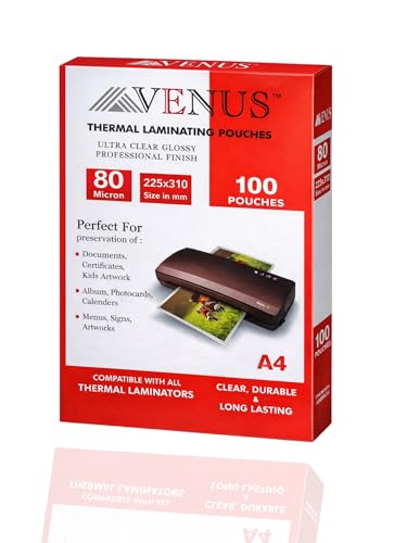 Image of VENUS High Glossy Thermal Lamination Pouch A4 Size (225 x 310 mm) 80 Micron 100 Pcs
