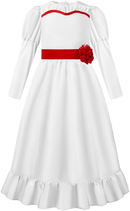 Prinlky Disfraz de Annabelle para niñas y mujeres, vestido blanco con cintura, disfraz de película aterradora para Halloween y cosplay