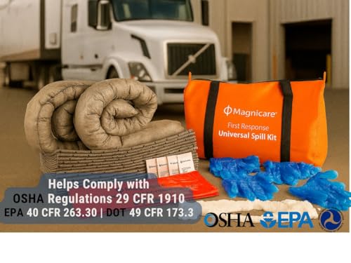 Image of Universal Spill Kit OSHA Approved - Biohazard Clean up Kit for Oil, Water & Chemicals | 15 Absorbent Pads, 2 Socks, PPE, Biohazard Bags in Bright Orange Duffel Bag