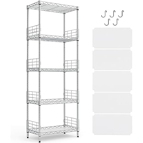 LINSY HOME Pantry Storage Shelves, 5-Tier Adjustable Heavy Duty Metal Storage Shelf, 59" Tall Standing Shelf, Upgrade Steel Wire Rack Organizer for Kitchen, Bathroom, Garage, Living Room, White Cover
