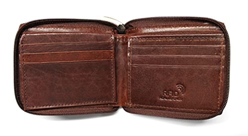 Leather Zip Around Wallet RFID Blocking (Brown)