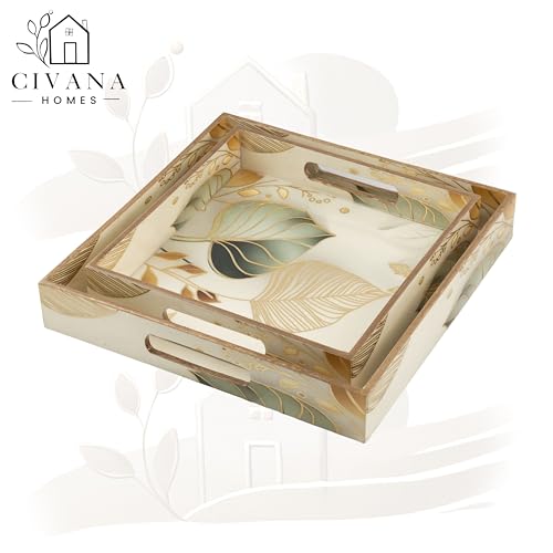 Image of CivanaHomes Wooden Serving Tray with Gold Engraving | Set of 2 | Size : 12 x 12 inch & 10 x 10 inch | Enamel Coated Waterproof | Square Trays | Decorative Trays (White Leaf)