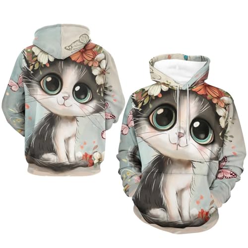 Sweat Chat Fleur et Papillon Une Idée Cadeau Originale en Taille S