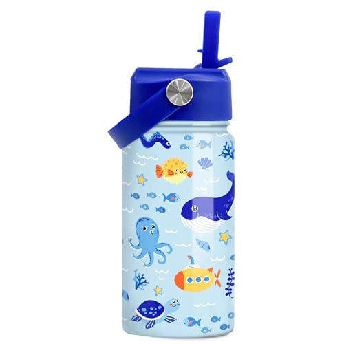Image of SANDJEST Kids Water Bottle with Straw Lid - 12 Oz Insulated Stainless Steel Ocean Water Bottles for Kid Boys - Travel Cup for School Sports