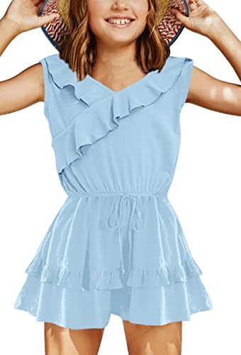 Haloumoning Jumpsuit Mädchen Rüschensaum Loose Fit Ärmellos Strampler Kinder Sommer Casual Shorts mit Taschen Overall,Blau,8-10 Jahre
