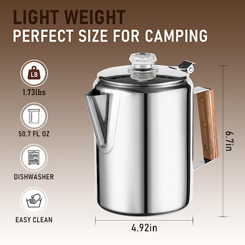 Mereza Camping Percolator Coffee Pot Stainless Steel Camping Coffee Pot Outdoors Home 9 Cup Camping Coffee Maker No Aluminum & Plastic Coffee Percolator Stovetop Fast Brew #TOP4