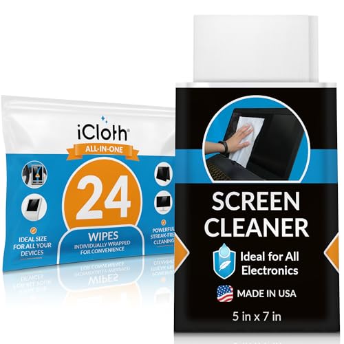 Screen Cleaner Wipes by iCloth – Individually Wrapped – Travel Size – Streak-Free (24 Large Wipes)