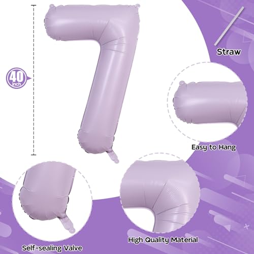 Image of 40 Inch Balloon Number 7 Pastel Purple, Large Mylar Foil Light Purple Number Seven Balloons Set for Girls Women, Dusty Lilac Globos de Numero 7 Helium Balloons for Girls 7th Birthday Party Decorations