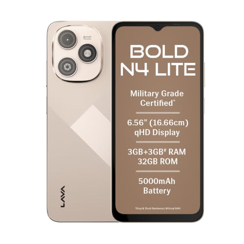 Image of Lava Bold N4 Lite (Empire Gold, 3GB RAM, 32GB Storage) | 6.56 inch qHD Display | 8MP Rear Camera | 5000 mAh Battery | Free Service @ Home | Fingerprint Reader | Charger & Phone-Cover in Box