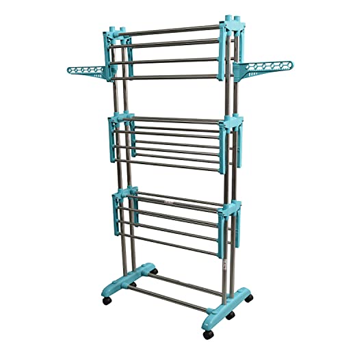 Image of CIPLA PLAST Stainless Steel Heavy Duty Double Pole 3 Layer Foldable & Movable Prince Jumbo Cloth Drying Stand for Balcony and Floor BRC-786 SS (Green)