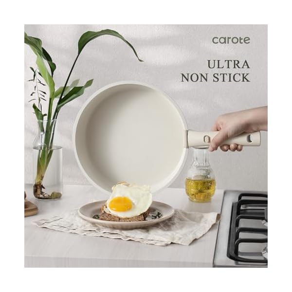 Carote 23pcs pots and pans set non stick cookware sets kitchen set ovendishwasherfridge safe space saving pots set nonstick set with versatile detachable handle induction rv set cream  urban country home decor