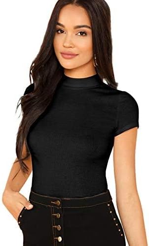 SheInWomen's Mock Neck Short Sleeve Slim Fit Knit Crop T-Shirts Small Black