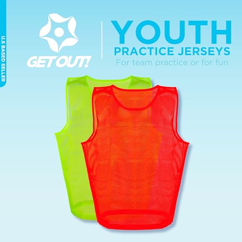 Get Out! Pinnies Youth Sizes Orange and Yellow - 12 Pack Nylon Mesh Jersey Scrimmage Vest - Sports Team Practice Pinny Set for Football, Soccer, or Basketball - Training Soccer Bibs Sport Jersey - Thumbnail 2