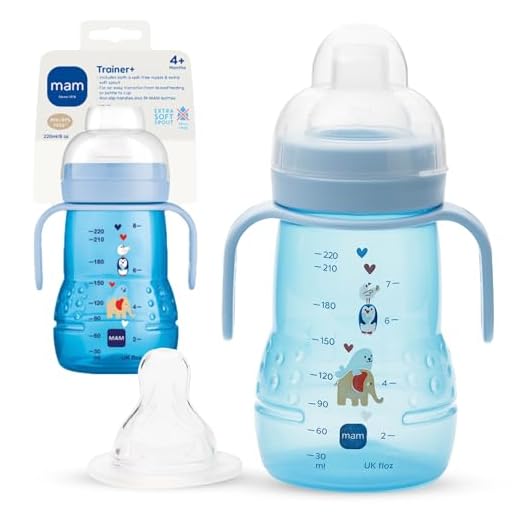 MAM Plastic Trainer Cup (1 Count), Trainer Drinking Cup with Extra-Soft Spout, Spill-Free Nipple, and Non-Slip Handles, for Boys 4+ Months, Eight Ounces, Designs May Vary