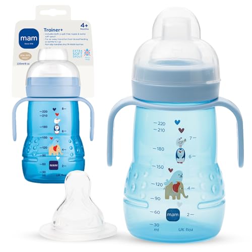 Image of MAM Trainer Sippy Cup for Toddlers 1-3, 8 oz. Transition Drinking Cup with Extra-Soft Spout, Spill-Free Nipple, and Non-Slip Handles, for Boys 4+ Months, 1 Count