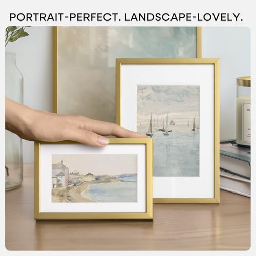 Image of Homeforia 10x10 Gold Picture Frame, High-End Metal, 8x8 Mat, Glass | High End Aluminum, Tempered Glass, Acid-Free 8x8 Removable Mat, 10x10 in Edge-to-Edge Display 10x10, Wall Kit, Set Of 4