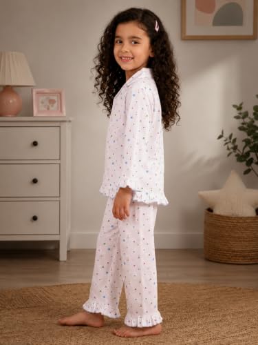 Image of superminis Hosiery Cotton Night Suit with Frill - Full Sleeves, Collared Neck, Sleep Wear for Girls, Kids