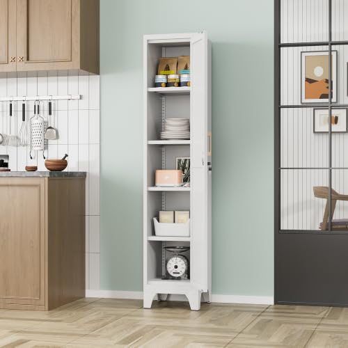 Image of 67 inchH White Metal Locker with 1 Lockable Door and 4 Adjustable Shelves For Employees, 5 Tier Small Storage Cabinet with Detachable Legs and Vintage Handle for Kitchen,Office,Gym,School,Easy Assembly