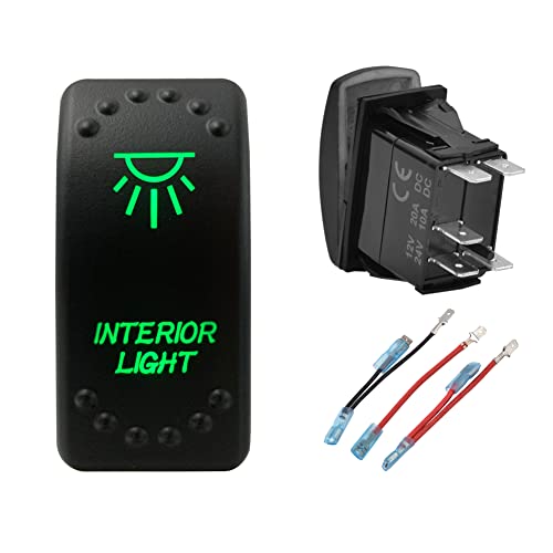 Image of Green Backlit Rocker Switch 5 Pin ON-Off Laser Etched Button Switch with Wires for Car Marine Boat UTV 20A /12V 10A /24V (Interior Light)