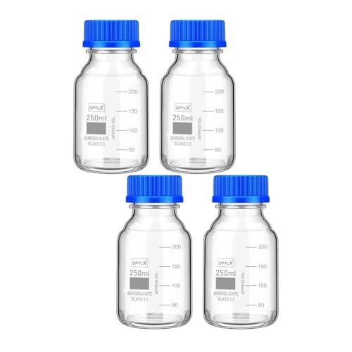 Image of Borosilicate Glass reagent bottle 250ml with leak proof Blue Screw Cap pack of 4 for glassware wide mouth chemical bottles for lab, laboratory, kitchen and professional use