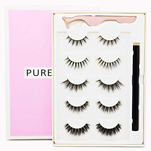 3D Mink Eyelashes Natural Long Lashes 2 in 1 Self-adhesive Eyeliner Instead of Adhesive 5 Different Styles Pairs Kits Sets with Tweezers , NO NEED GLUE