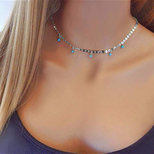 Preisvergleich Produktbild Jovono Boho Halsketten mit einfachen Pailletten Türkis Anhänger Anhänger Schicht Halskette Kragen für Frauen und Mädchen (Silber)