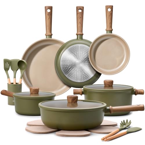 CAROTE 21pcs Ceramic Cookware Set Pots and Pans Set Green
