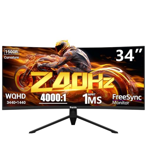 Image of 34 Inch Curved Gaming Monitor, 240Hz Refresh Rate, UWQHD (3440x1440), 1500R, 1ms MPRT, 4000:1 Contrast Ratio, Sturdy Metal Stand, VESA Mountable, for PC Gamer and Immersive Gameplay