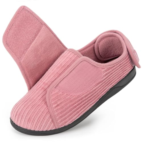 HomeTop Women's Corduroy Slippers Comfy Adjustable Hook and Loop Memory