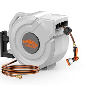 Lashake Retractable Garden Hose Reel-5/8 in x 65 ft Wall Mounted Retractable Hose Reel,Heavy Duty Retractable Water Hose With 10-Pattern Nozzle,Any Length Lock Slow Retraction 180° Swivel Bracket