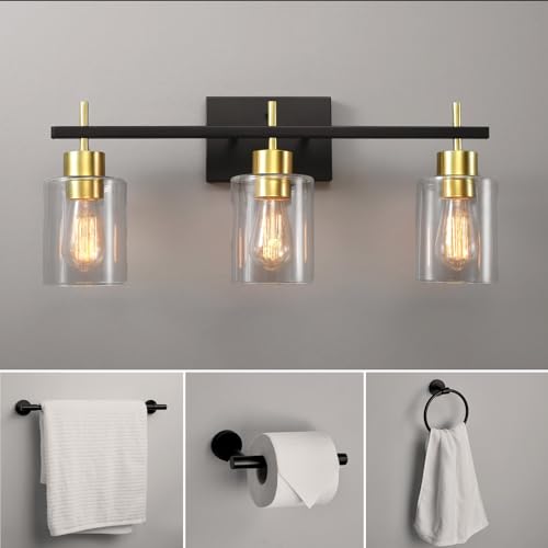 Image of Globe Electric 4-Piece All-in-One Bathroom Set, Matte Black, 3-Light Vanity Light with Clear Glass Shades and Matte Brass Accents, Towel Bar, Toilet Paper Holder, Towel Ring