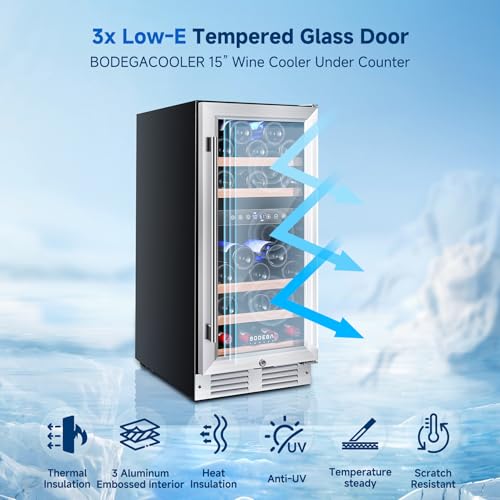 Image of BODEGA 15 Inch Wine Fridge, 30 Bottle Dual Zone Wine Cooler, 41-72℉ Compressor Wine Refrigerator with Tempered Glass Door, Built-in or Freestanding Wine Cooler for Home Kitchen Bar (3.2 cu.ft).