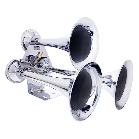 United Pacific 46129 Chrome Plated 3 Trumpet Train Horn, 12V Heavy-Duty Electric Solenoid, 150 PSI Max, Super Loud Output 145dB +/- 10 dB - ONE Set Cover