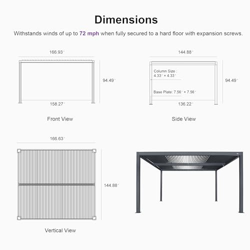 PURPLE LEAF Louvered Pergola 94AS 12' x 14' Outdoor Aluminum Pergola with Shade Screen Adjustable Roof for Deck Backyard Grey Hardtop Gazebo, 1 Long Side - Image 6