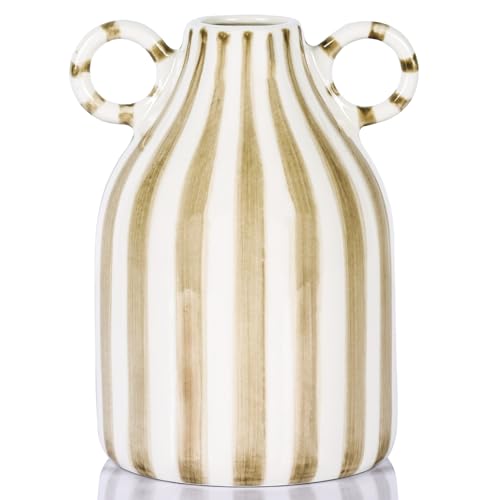 Jarrón de cerámica blanco y marrón con asa, jarrones pequeños nórdicos bohemios para mesa auxiliar, centro de mesa de flores, jarrón de boca ancha, jarrón de hierba de las pampas, decorativo, para el
