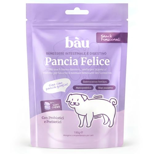 Bàu Snack Probiotico Funzionale per Cani con Probiotici e Prebiotici, Fermenti Lattici Vivi, FOS, Inulina, Yucca e Carbone Vegetale, Snack Supporto Digestione e Flora Intestinale, Soft Chew al Pesce