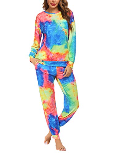 Ekouaer Women's Tie Dye Pj Set Sleepwear Two Piece Long Sleeved Pajamas Tops Long Sleep Pants with Pocket Pjs Loungewear XL