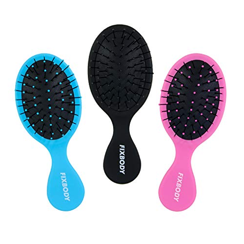 FIXBODY Mini Pocket Detangling Hair Brush, 3 Pack Soft Ball Tipped Nylon Pin Handheld Massage Paddle Hair Comb for Adults & Kids All Hair Types