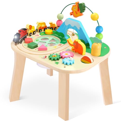 Image of oathx Activity Table for 1 Year Old Toddler, 9-in-1 Multi-Colorful Wooden Montessori Toys, Baby Play Table with Bead Maze Shape Sorter Train Toy, Educational Gifts for 12 Months+ Kids Boys Girls