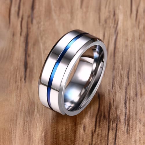 MMTTAO Men's Titanium Ring Wedding Bands for Men Women 6MM 8MM 10MM Black/Blue/Silver Engagement Band Wedding Rings Beveled Edge Brushed Matte Finished & Polished Grooved Center Comfort Fit Size 6-133