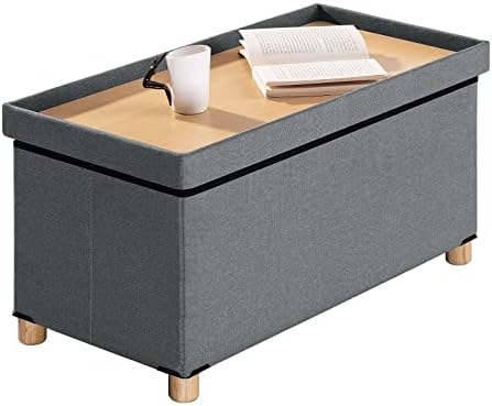 BRIAN & DANY Ottoman Storage Box with 4 Wood Legs, Linen Foot Stool, Footstools for Living Room, Gray, 76 x 38 x 38 cm