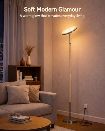 Image of JOOFO Wood LED Torchiere Floor Lamp with Remote, 3000LM Dimmable
