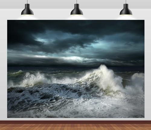 Loccor 7x5ft Fabric Storm Seascape Backdrop Ocean Raging Waves Gloomy Rainstorm Sky Clouds Background Party Decorations Photo Studio Props