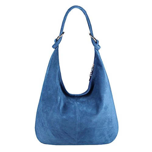 OBC Made in Italy Damen XXL Ledertasche Wildleder Shopper Tasche Schultertasche Umhängetasche Hobo-Bag Beuteltasche (Jeansblau)
