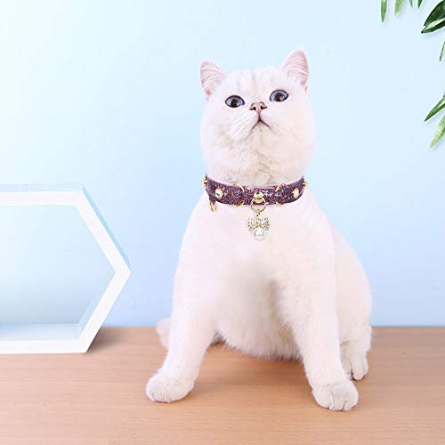 Image of Cat Collar, Dog Collar, [Bling Rhinestones] PU Leather Adjustable Pet Collar with Luxury Pendant for Cat and Small Dog Extra Small Purple