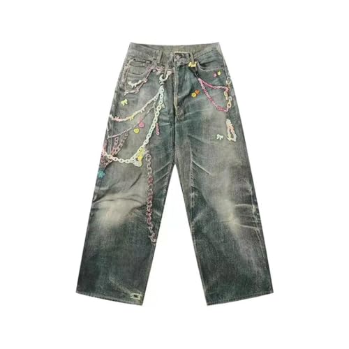 Men's High Street Jeans, 3D Chain Printing Contrast Color, Casual Straight Leg Wide Leg Denim